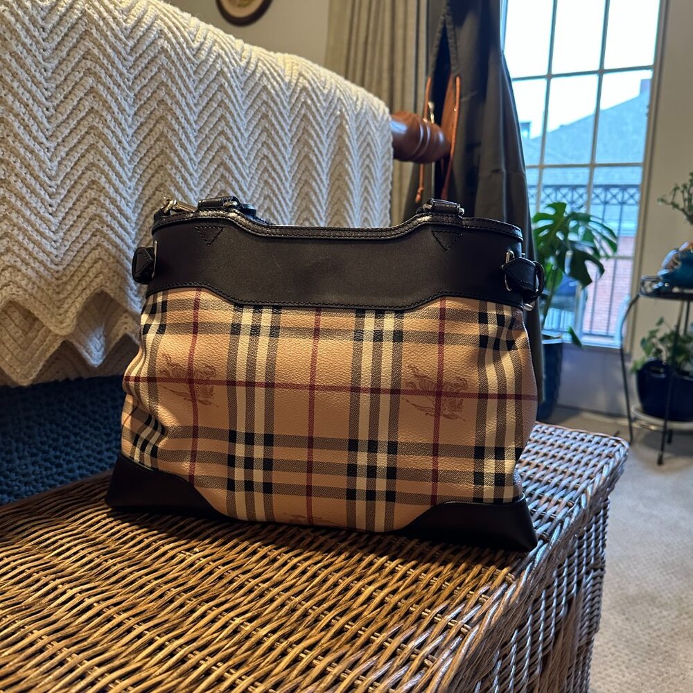 Auth BURBERRY Horse Check Satchel Handbag /ITALY /Brown Leather Trim